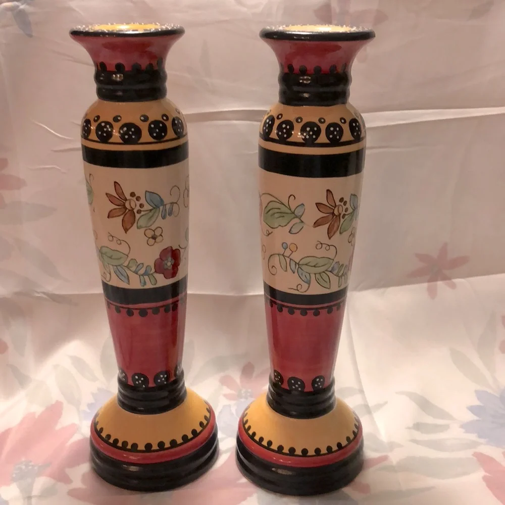 Vintage Hand Painted Porcelain Candle Holders 11.5”x3.5”